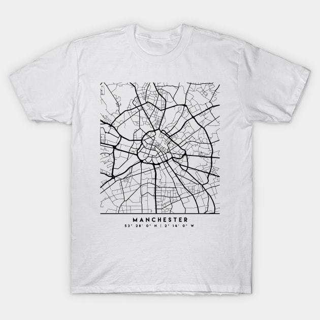 MANCHESTER ENGLAND BLACK CITY STREET MAP ART T-Shirt by deificusArt